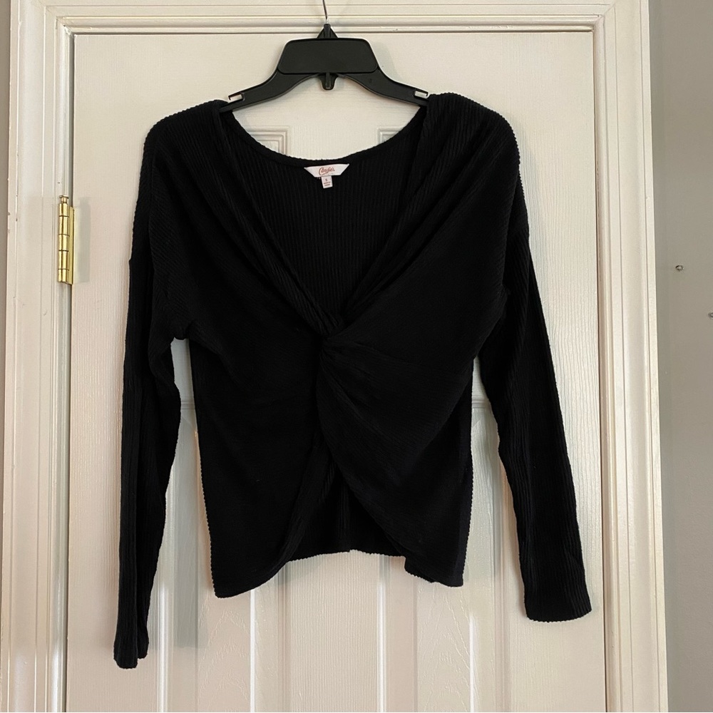 Candies Ribbed Black Front Twist Crop Top Small Long Sleeve V Neck Sweater